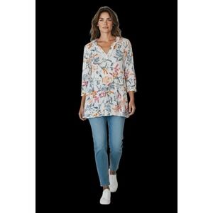 Chico's Size 1 US M Floral Tunic Top 100% Linen Jersey Knit V- Neck 3/4 Sleeves